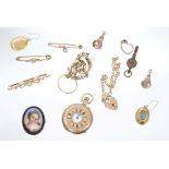 Group of jewellery - to include a gold (14ct) fob watch, three Edwardian bar brooches,