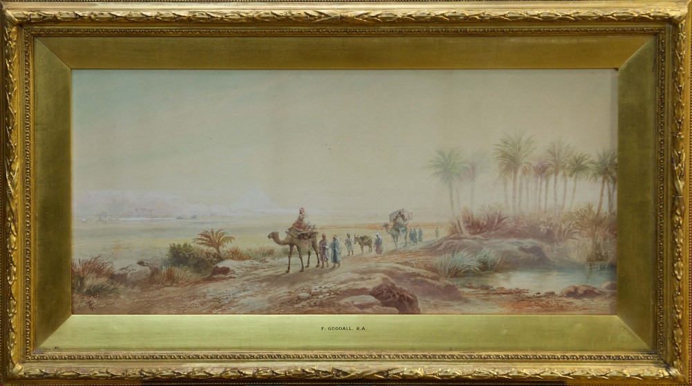 Frederick Goodall (1822 - 1904), watercolour - desert scene with a camel train by an oasis,