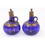 Pair Victorian Bristol blue brandy and whisky flasks with gilt metal collars and stoppers, B. and W.