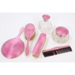 Selection of 1920s silver and pink guilloche enamel dressing table items - including a hand mirror,