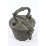 Good set of bronze cup weights with surmounting ring, the locking bar dated in Roman numerals 1820,