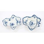 Two 18th century Worcester blue and white leaf-shaped pickle dishes with painted floral and vine