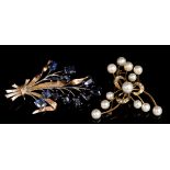 Sapphire floral spray brooch in white and yellow metal setting, 64mm,