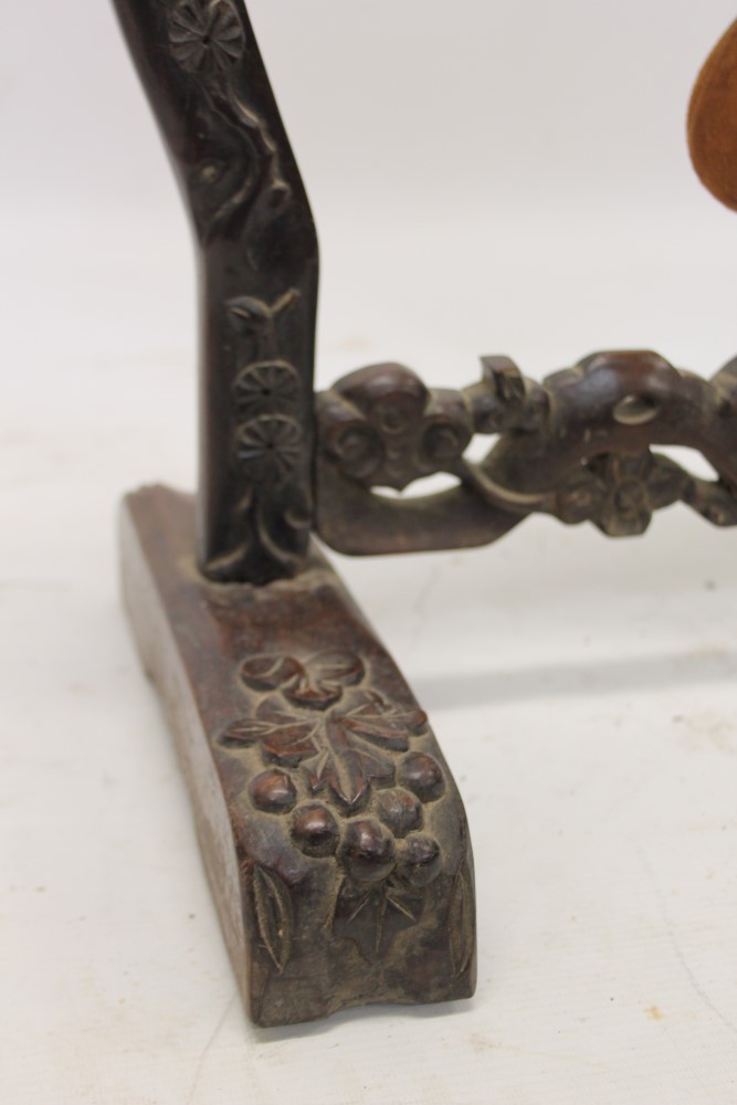 Late 19th / early 20th century Chinese carved hardwood gong stand with tooled metal gong and beater, - Image 3 of 12