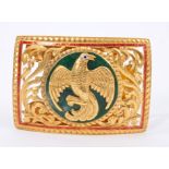 Fine Chinese ormolu and champlevé enamelled belt buckle of bowed rectangular form,