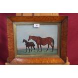 Victorian English School, oil on board - Mare and foal in landscape, in maple veneered frame,