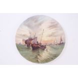 19th century Davenport porcelain plate painted with fishing boats at sea at sunset,
