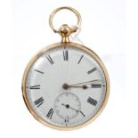 Victorian gentlemen's gold (18ct) open face pocket watch with English keywind fusee movement,