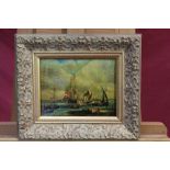 Manner of Abraham Storck, antique oil on panel - shipping off the coast with figures on the shore,