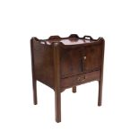 George III mahogany bedside cupboard, undulating gallery with pierced integral carrying handles,