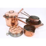 Collection of antique copper and brass preserve pans and saucepans - to include French saucepan