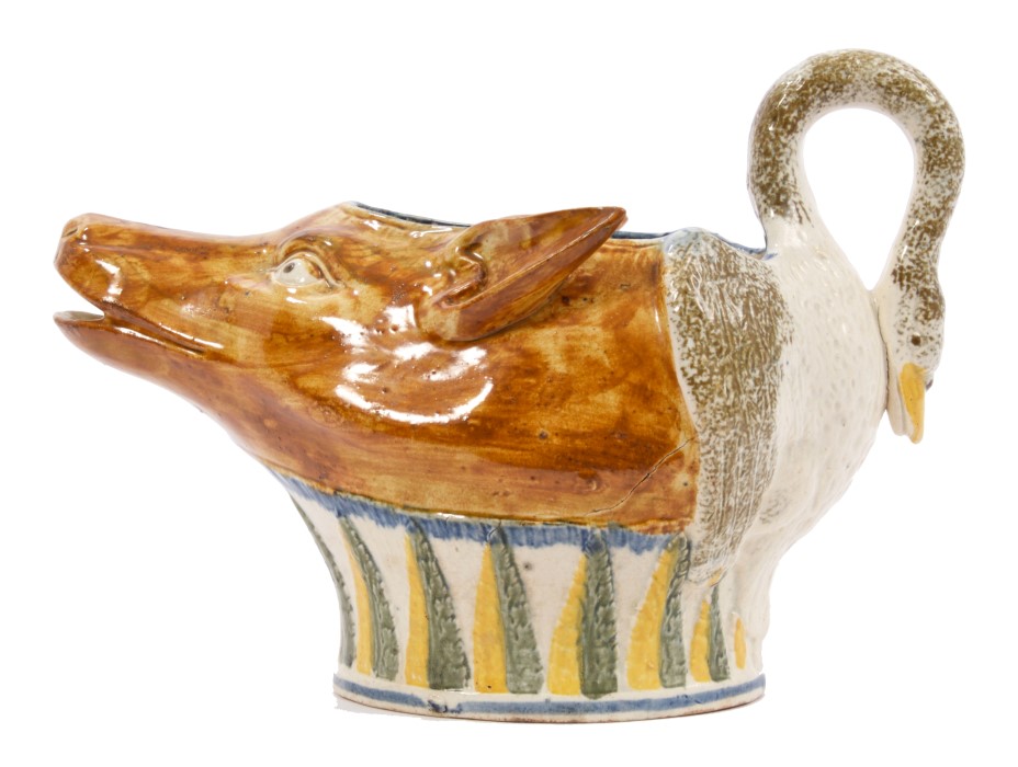 Scarce early 19th century Pratt sauce boat modelled with fox head mask spout and swan handle with