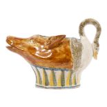 Scarce early 19th century Pratt sauce boat modelled with fox head mask spout and swan handle with