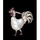 Victorian diamond, ruby and blister pearl novelty brooch in the form of a cockerel,