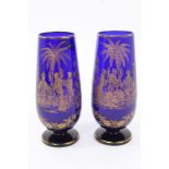 Pair 19th century Bristol blue glass vases with gilt chinoiserie decoration,