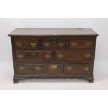 Mid-18th century and later oak and walnut crossbanded mule chest with hinged lid and four-drawer