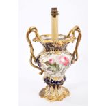 Victorian Samuel Alcock vase converted to electric table lamp with twin gilt branch handles,