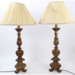 Pair old gilt wood altar-style candlestick table lamps with leaf and fluted decoration - with