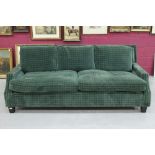 Pair of good quality modern three seater settees, square form with sea-green upholstery,