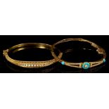 Two Victorian hinged bangles - one bangle with a central diamond and turquoise cabochon flower-head
