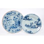 18th century English blue and white Delft plate painted with a Chinese river landscape with