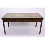 George III-style mahogany partners writing desk with tooled leather inset top and two drawers to