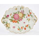 18th century Chelsea dessert dish with polychrome painted fruit decoration and scalloped moulded