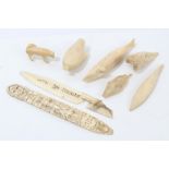Collection of antique Inuit marine ivory carvings - to include six animal carvings of seals, whale,
