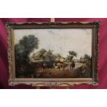 19th century English School oil on canvas - extensive farmyard scene with cattle in the foreground,