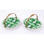 Pair late 19th century Meissen porcelain leaf-moulded plates with ormolu swing handles - blue