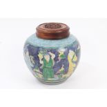 Chinese Fahua-style baluster-shaped jar with hardwood cover,