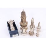 Collection of five silver Victorian and later pepperettes of various forms (various dates and