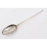 Late 18th / early 19th century mote spoon with pierced bowl and shell heel (marks distorted), 13.