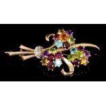 1960s gold (9ct) and multi-gem floral spray brooch with three flower-head clusters comprising