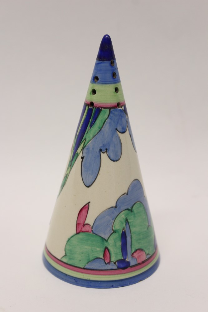 Clarice Cliff hand-painted Bizarre range Rudyard pattern conical caster - printed marks to base,