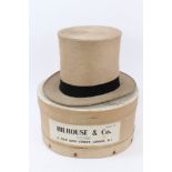 Gentlemen's Edwardian stovepipe top hat, height 19cm approximately, cream silk with black felt band,
