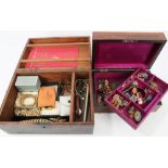 Victorian wooden jewellery box and wooden workbox - both containing vintage costume jewellery and