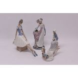 Three Lladro porcelain figures - including elegant lady in 1920s outfit, 35cm high,