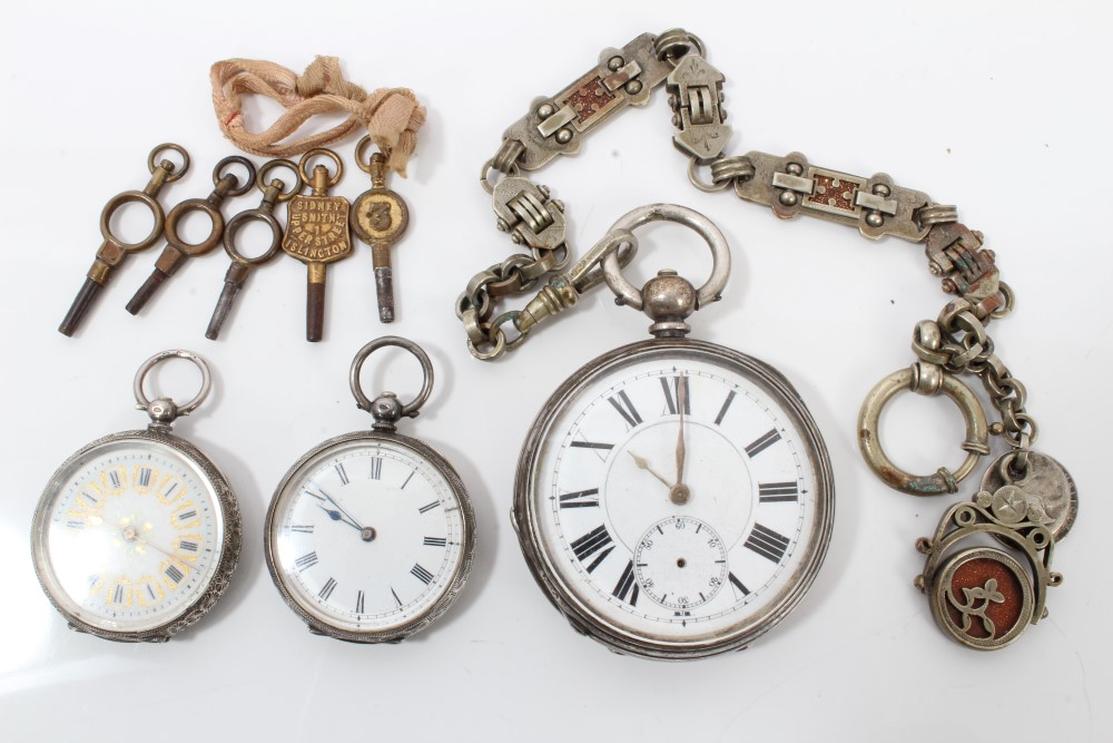 Victorian silver pocket watch on a fancy link chain with goldstone panels and two Victorian silver