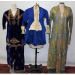 Indian blue velvet tunic and matching trousers with drawstring waist with yellow and white metal