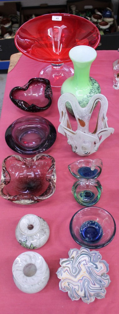 Collection of art glass vases and bowls including Mdina