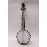 Unusual Minstrel banjo with early 20th century inlaid mother of pearl decorated fretless neck,