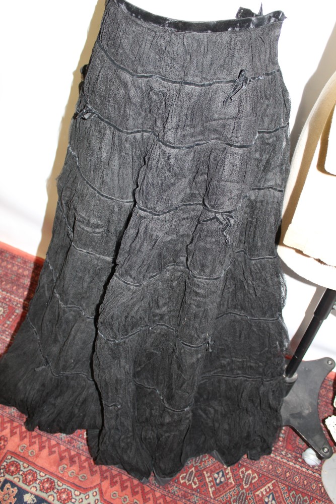 Victorian black skirt, layered net with velvet ribbon and glazed cotton underskirt, - Image 2 of 8