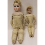 Doll - small bisque head and shoulder doll - French, kid body, lower arms are bisque,