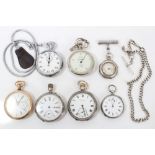 Silver and enamel fob watch with brooch attachment, three other silver cased pocket watches,
