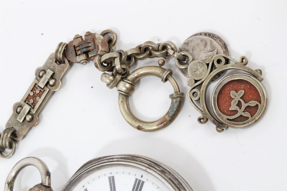 Victorian silver pocket watch on a fancy link chain with goldstone panels and two Victorian silver - Image 2 of 9