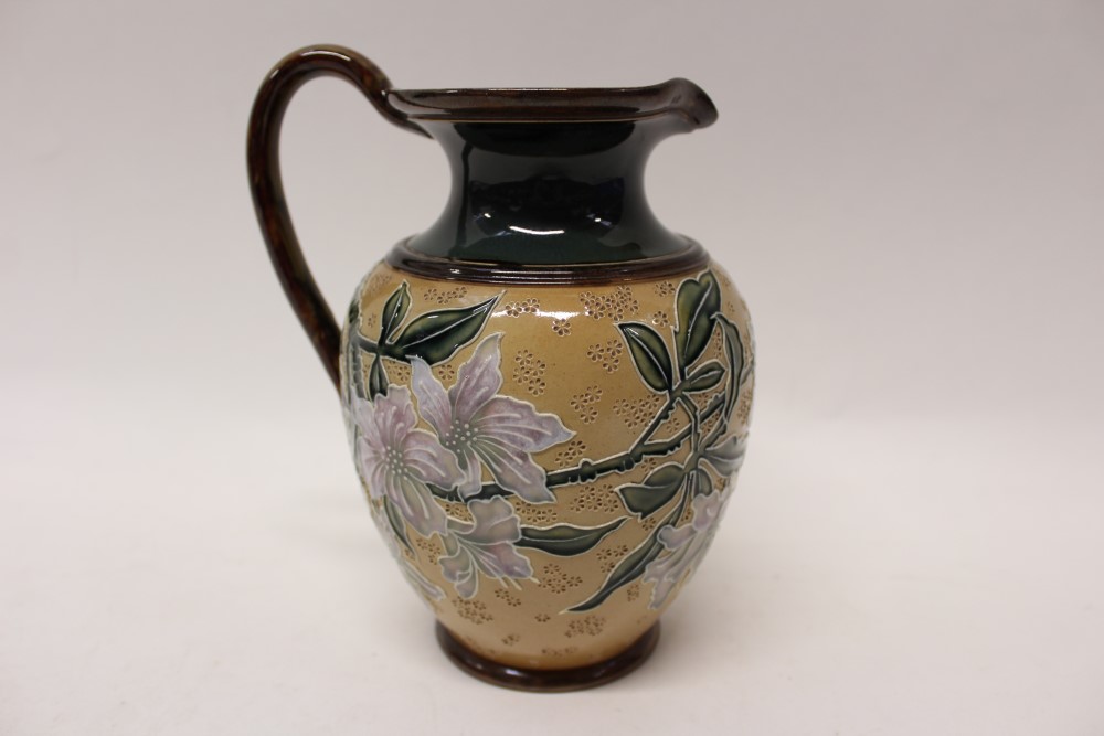 Doulton Lambeth jug designed by Emily Partington for the Art Union of London with tube lined floral