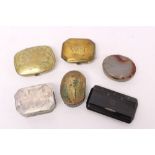 Collection of six 19th century snuff boxes - including white metal, brass,
