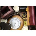 Aneroid barometer in circular oak case, leather carriage clock, crucifix,