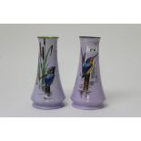 Scarce pair of 1930's Shelley vases decorated with painted kingfishers on lilac ground,